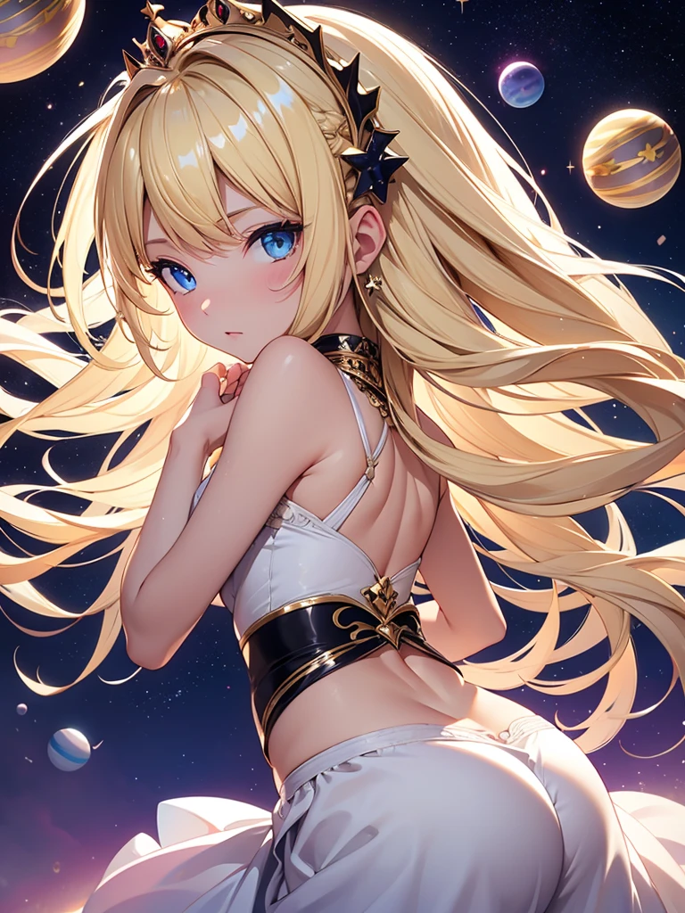 High qualidade, perfect eyes, perfect fingers, small breasts, blonde hair, princess, background planets black holle, stars, jewels, shy girl, girl in love, submissive girl, 13 olds, flying island, coroa, tiara, angel girl, luz sagrada, barriga perfeita, perfect ass