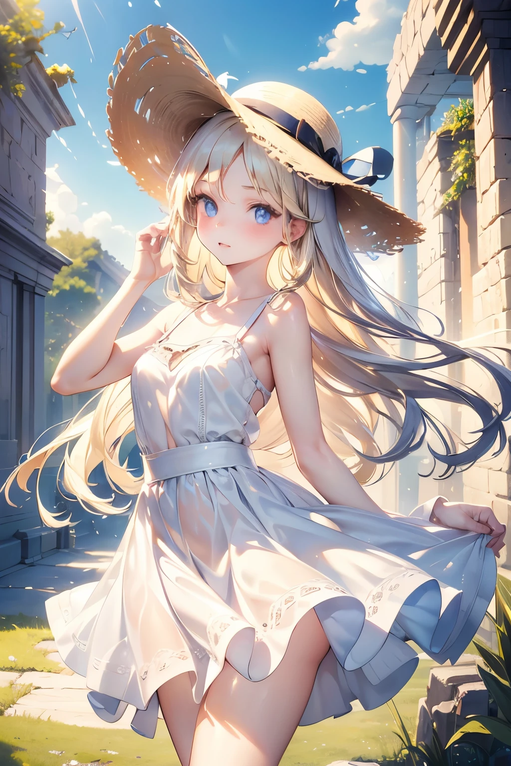 masterpiece,Best Quality,Very detailed,beautiful girl, teenager,White dress,Straw hat,ruins,Small breasts,Narrow waist,Straight blonde hair,Perfect Blue Eyes,Very cute,Active pose