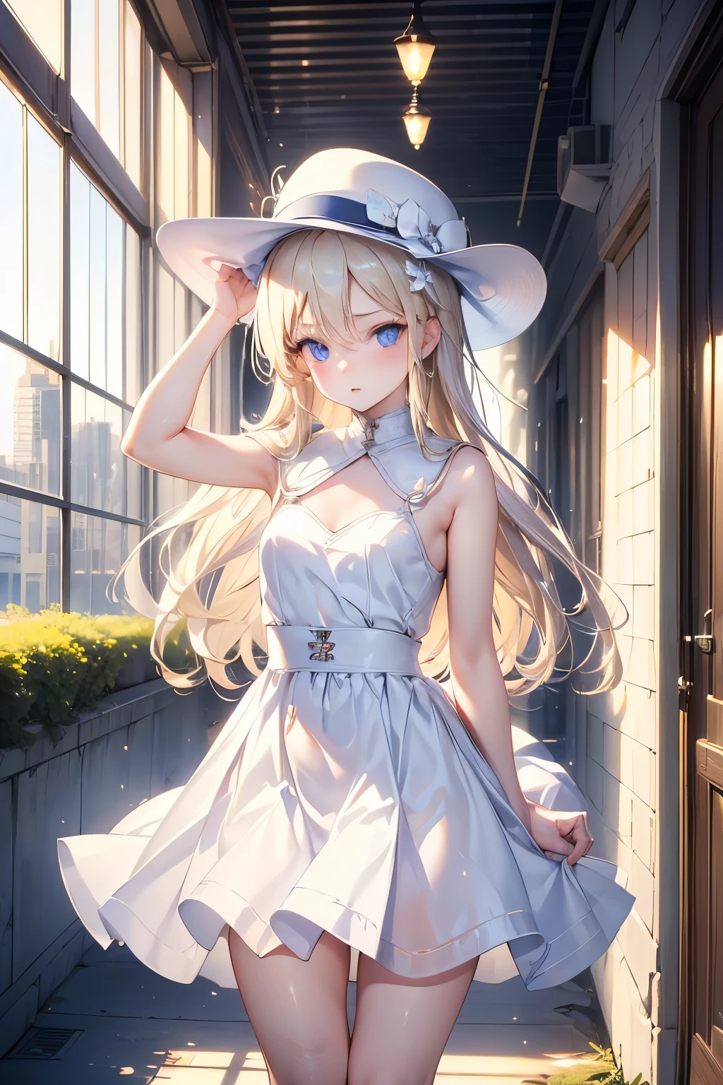 masterpiece,Best Quality,Very detailed,beautiful girl, teenager,White dress,White Hat,Abandoned building,Small breasts,Narrow waist,Straight blonde hair,Perfect Blue Eyes,Very cute,Active pose