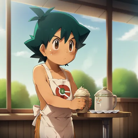 ash ketchum, cute, famboy, male,  nude in an apron, cafe