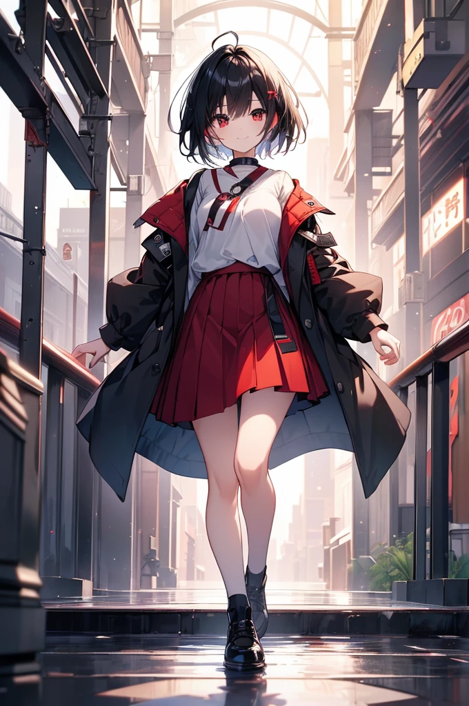 (masterpiece, highest quality, highest quality, (No text), Beautiful and aesthetic:1.2),No text,anime、BREAK,One Girl，Black Hair Girl　 adult　Short Hair　Older sister　Beautiful eyes　Red eyes　cool　smile　Black and Red　skirt　Black jacket　White clothing　Full Body Outdoors