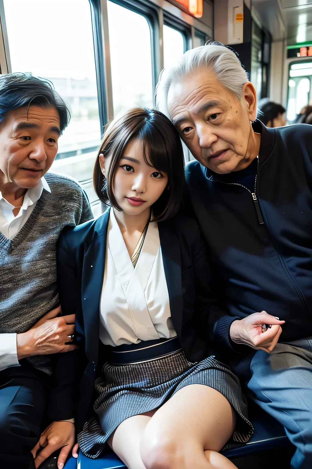 (((Photo of a beautiful Japanese woman and her grandfather:1.4))),(((apply to body:1.4))),8K Photo,((Browsing Caution)),(((An older Japanese man sitting next to a woman is touching her thigh:1.4))), ((from the front), (((Spread your legs))), (Very short hair), Beautiful Japanese office lady, Plain Shirt, Open chest shirt, ((mini skirt)), ((Sitting on a moquette-covered bench in a Japanese commuter train)), A woman riding on JR East&#39;s E235 series train, ((Tokyo train bench)), (Close your eyes), ((Sleep soundly))), ((weak))), ((Sleep)), ((Dozing off)), ((Delicate painting) ), (Detailed raw photo of the girl), (Highest quality: 1.6), ((Ultra-high resolution) ((Genuine)), 8k resolution, Canon EOS R5, 50mm, Absurd, Advanced Details, Cinematic Lighting, ((Skirt gaps)), ((defenseless)), (cute printed panties), Please be careful when viewing: 0.2, ((night)), White bra, 10pm,