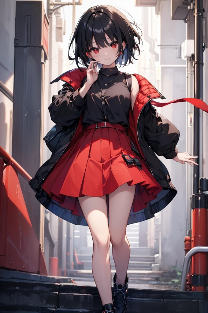 (masterpiece, highest quality, highest quality, (No text), Beautiful and aesthetic:1.2),No text,anime、BREAK,One Girl，Black Hair Girl　 adult　Short Hair　Older sister　Beautiful eyes　Red eyes　cool　smile　Black and Red　skirt　Black jacket　White clothing　Full Body Outdoors