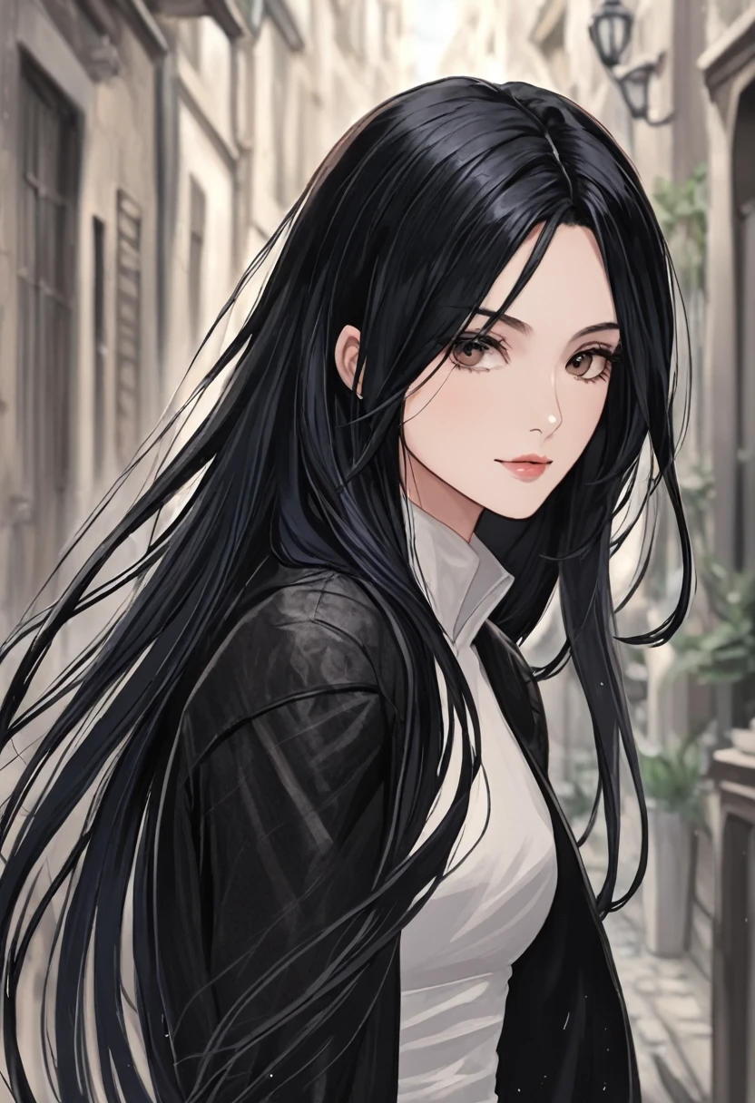 Adult woman with long black hair