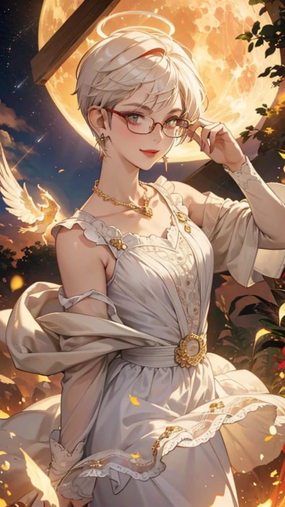 8k, masterpiece, best quality, highly detailed, 1 girl, tiefling, warlock, devil horns, pixie cut, multicolored hair, very short straight hair red highlight hair on white hair, strippled hair, wearing glasses, round glasses, earrings, red eyeshadow, long eyelashes, blushed cheek, red lips, pearl necklace, rings, collarbone, mole on face, glamorous, white and gold clothes, sleeveless, laced dress, smirk, close up view, rings, looking at viewer, solo, starry sky, radiant gold moon, standing, golden halo, white lace gloves, heavenly scene, halo, holy palace in background.