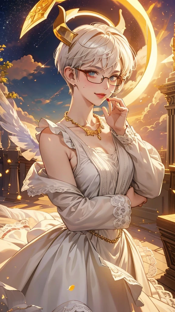 8k, masterpiece, best quality, highly detailed, 1 girl, tiefling, warlock, devil horns, pixie cut, multicolored hair, very short straight hair red highlight hair on white hair, strippled hair, wearing glasses, round glasses, earrings, red eyeshadow, long eyelashes, blushed cheek, red lips, pearl necklace, rings, collarbone, mole on face, glamorous, white and gold clothes, sleeveless, laced dress, smirk, close up view, rings, looking at viewer, solo, starry sky, radiant gold moon, standing, golden halo, white lace gloves, heavenly scene, halo, holy palace in background.