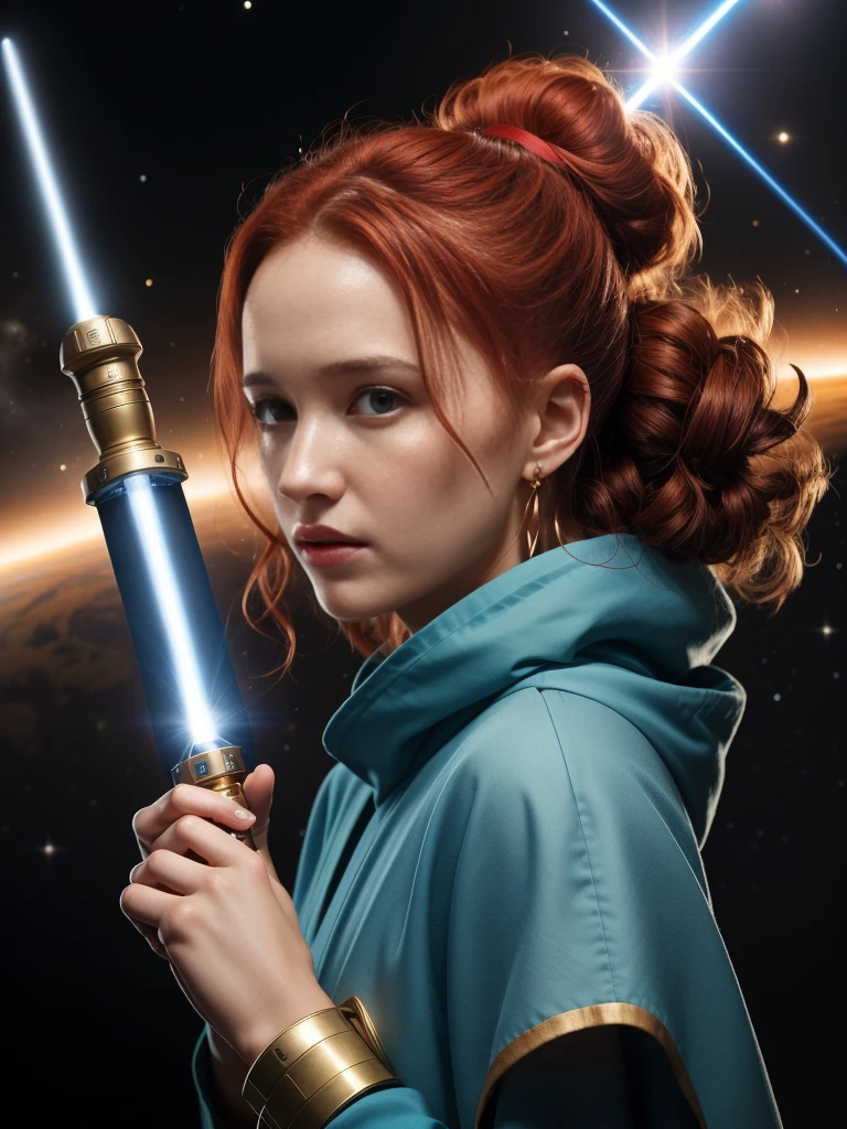 (((female jedi holds a bright blue laser sword in her hand, ready for battle, and waits for her opponent))), (((very futuristisches science fiction ambiente, space station))) professional photography, Canon EOS 5 , a 1. ex, star wars style, very , (((jedi khight warrior outfit ))), 1 wunderschöne Red-Hairede junge Frau mit Laserschwert in den Händen , full upper body, beautiful detailled face, perfect anatomy, Red-Haired (Christa Theret: 1.3), ( Alexia Fast: 1.3),Highly detailed youthful face, proporções perfeitas, ((red hair)), curly hair, nice ponytail,  very detailiert,  perfect and highly detailed face, immaculate, with whole body and an anatomically correct body, absolutely perfect face,16K, HDR, broad light, high contrast, sharp focus, RAW color photo, long simple earrings,  full body portrait masterpiece,Determined look, sharp background, 