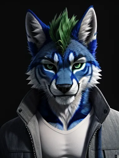 liolf (hybrid wolf:0.7 and lion:0.3), anthro liolf, furry, male, solo, darkblue fur, darkblue body, green hairs, spiky hairs, sh...