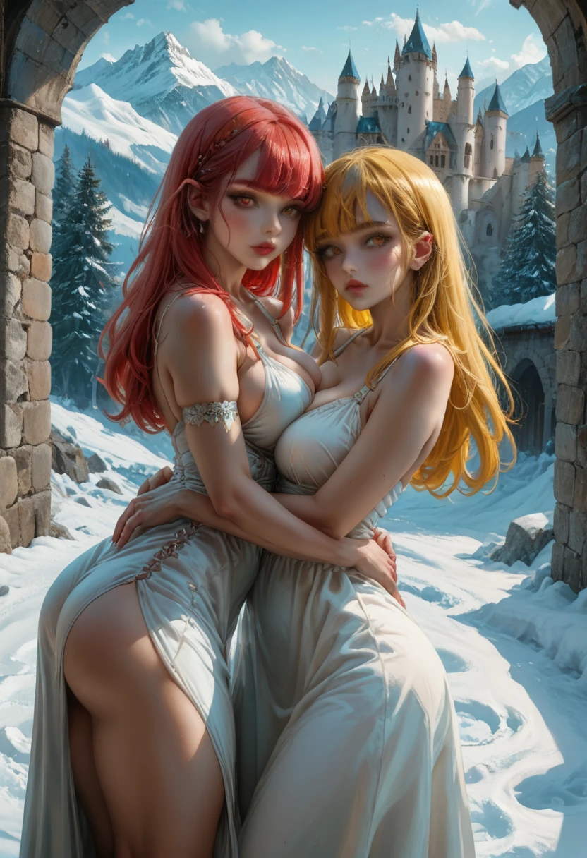  little girls 3 hugging pink makeup athletic body thin waist big breasts big buttocks long red hair pink makeup athletic body thin waist big breasts big buttocks short yellow hair bangs blue candle eyes thin waist big breasts big buttocks yellow eyes silver dresses in a castle. mountain with snow 