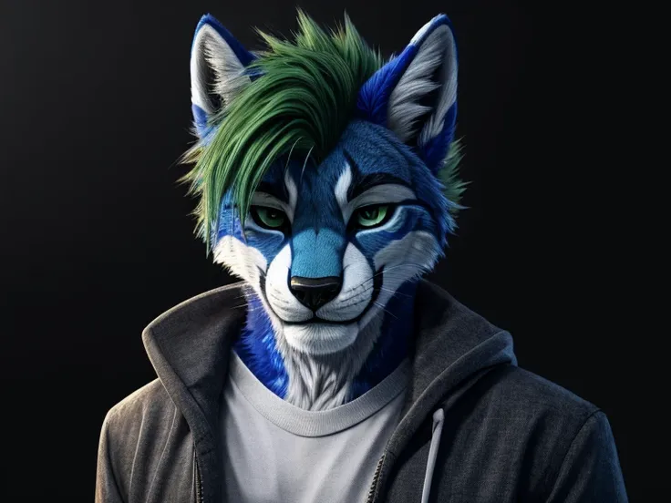 liolf (hybrid wolf:0.7 and lion:0.3), anthro liolf, furry, male, solo, darkblue fur, darkblue body, green hairs, spiky hairs, sh...