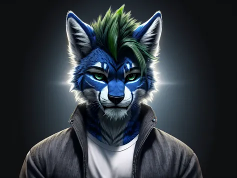 liolf (hybrid wolf:0.7 and lion:0.3), anthro liolf, furry, male, solo, darkblue fur, darkblue body, green hairs, spiky hairs, sh...