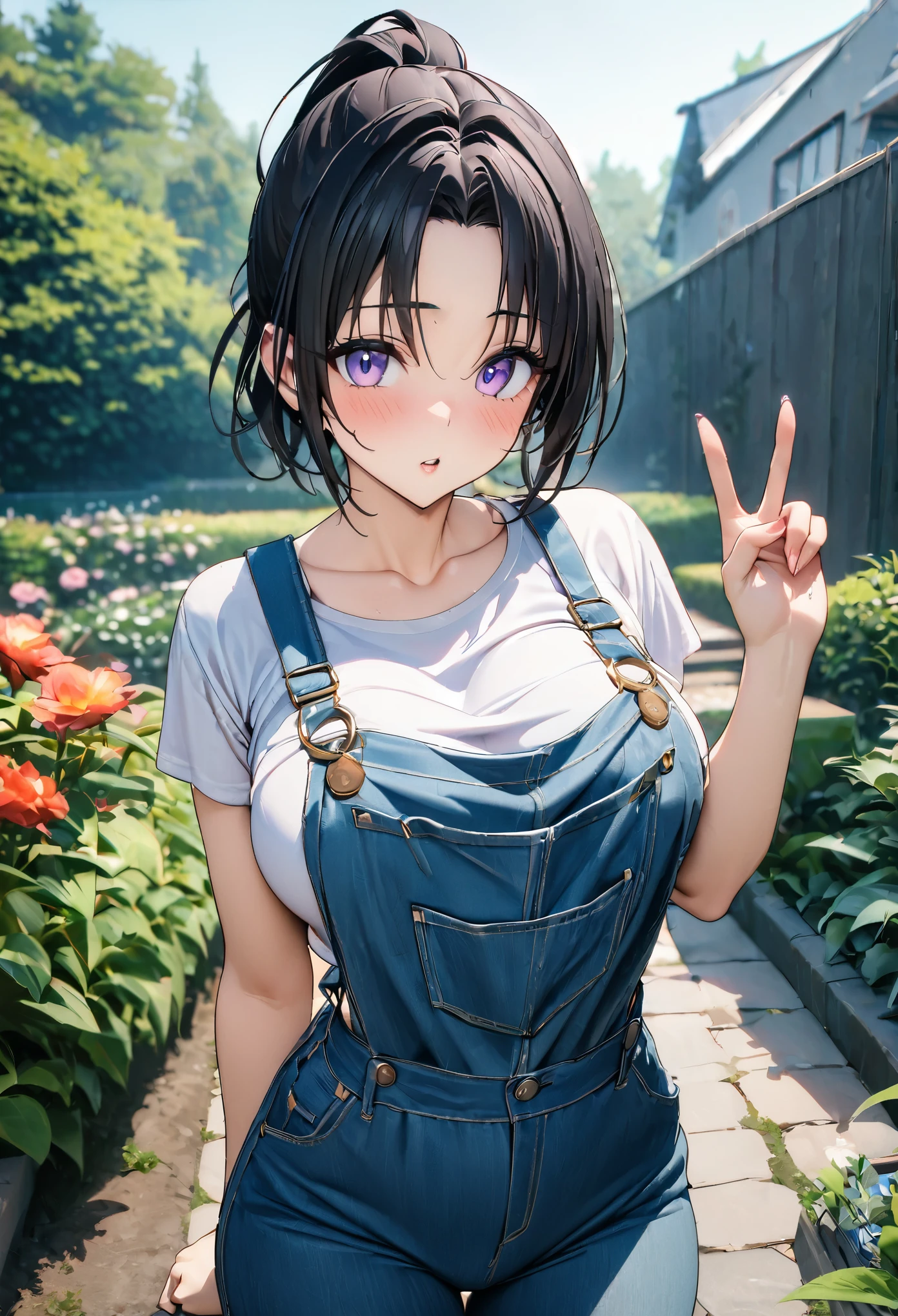 ((masterpiece,Best Quality,8k,Ultra-high resolution)),  1 person　、Adult women in their 20s　,  Momo Juvenile Deviluke,                                     View your viewers　、　Embarrassing Black Hair　,   Short Hair　　、　(Center parted bangs) 　、　ponytail　、　　　　Light purple eyes   　     　、                           The body is slim,   Big Breasts　　、　Overalls　、　Peace sign　、　garden