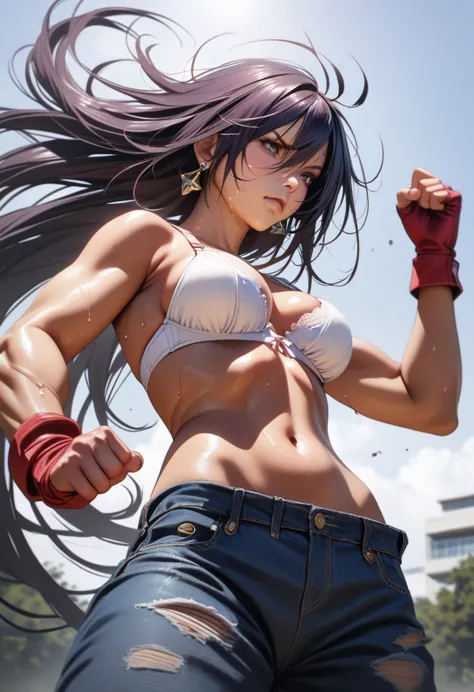 kanu,dark purple hair, hair over one eye, very long hair,red fingerless gloves, midriff,(delicate embellishments gorgeous bra:1....