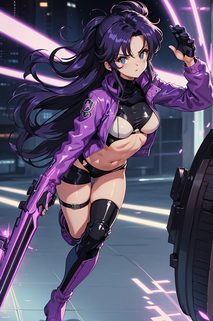 A girl walking through a cyberpunk city, Long purple hair, Wearing a futuristic swimsuit, Has a huge weapon, Long thigh-high boots, Technology city background, Dragon Ball style drawing, Blue colored eyes, Mitt,armor, Athletic body, Wet, It&#39;s raining heavily, Flooded Street, There was an angry look on his face, At night, Latex textured clothing, Staring straight ahead, Dragon Ball style drawing ,Detailed outfit with black and red details, Waist belt, armor de ombro, Hair tied with ribbon, Short, Cute face and delicate, Robot Arm, Small breasts, Police logo printed on clothing, Muscular arms, [Dynamic pose, Ruined city background, Behind the character were several military personnel., Running Girl 