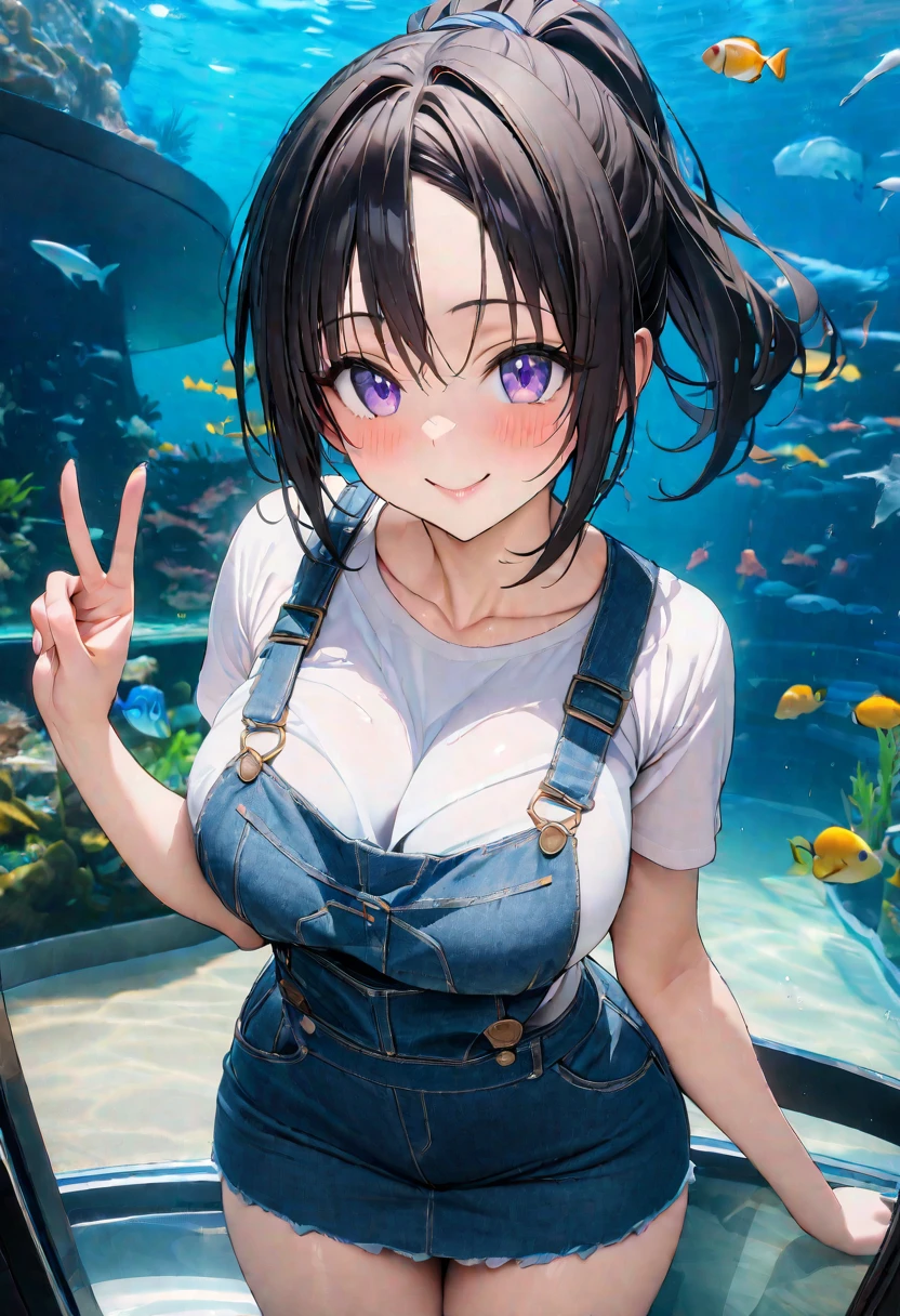 ((masterpiece,Best Quality,8k,Ultra-high resolution)),  1 person　、Adult women in their 20s　,  Momo Juvenile Deviluke,                                     View your viewers　、　Embarrassing      、　Smiling Black Hair　,   Short Hair　　、　(Part your bangs in the center) 　、　ponytail　、　　　　Light purple eyes   　     　、                           The body is slim,   Big Breasts　　、　Overalls　、　skirt　、　Peace sign　、　aquarium