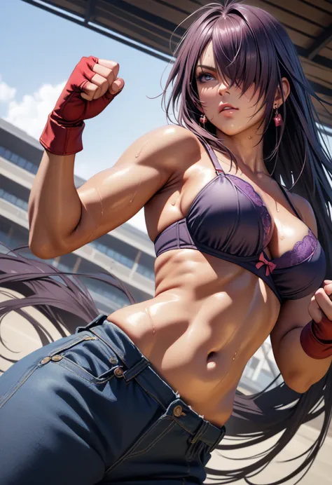 kanu,dark purple hair, hair over one eye, very long hair,red fingerless gloves, midriff,(delicate embellishments gorgeous bra:1....