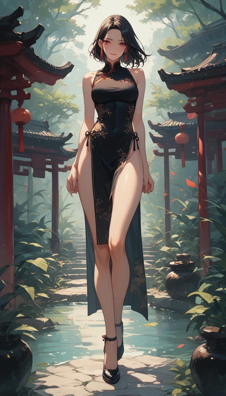 score_9, score_8_up, score_7_up, score_6_up, 1girl, (score_9, score_8_up:1.1), score_7_up, 
medium black hair, straight hair, parted hair, red eyes, pale skin, medium breasts, front view, chinese dress, chinese shoes, earrings, detailed background, chinese temple, shy, dynamic pose, standing up, shy smile, closed lips