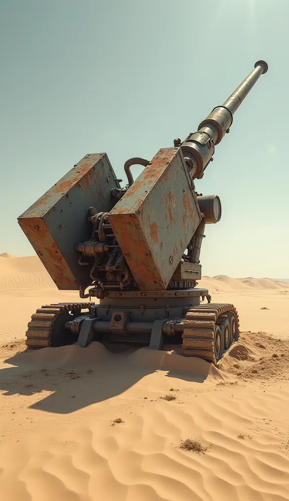 A WWII German FlaK40 128mm anti-aircraft gun buried in the middle of a desolate desert、Most of it is rusty and covered in sand.