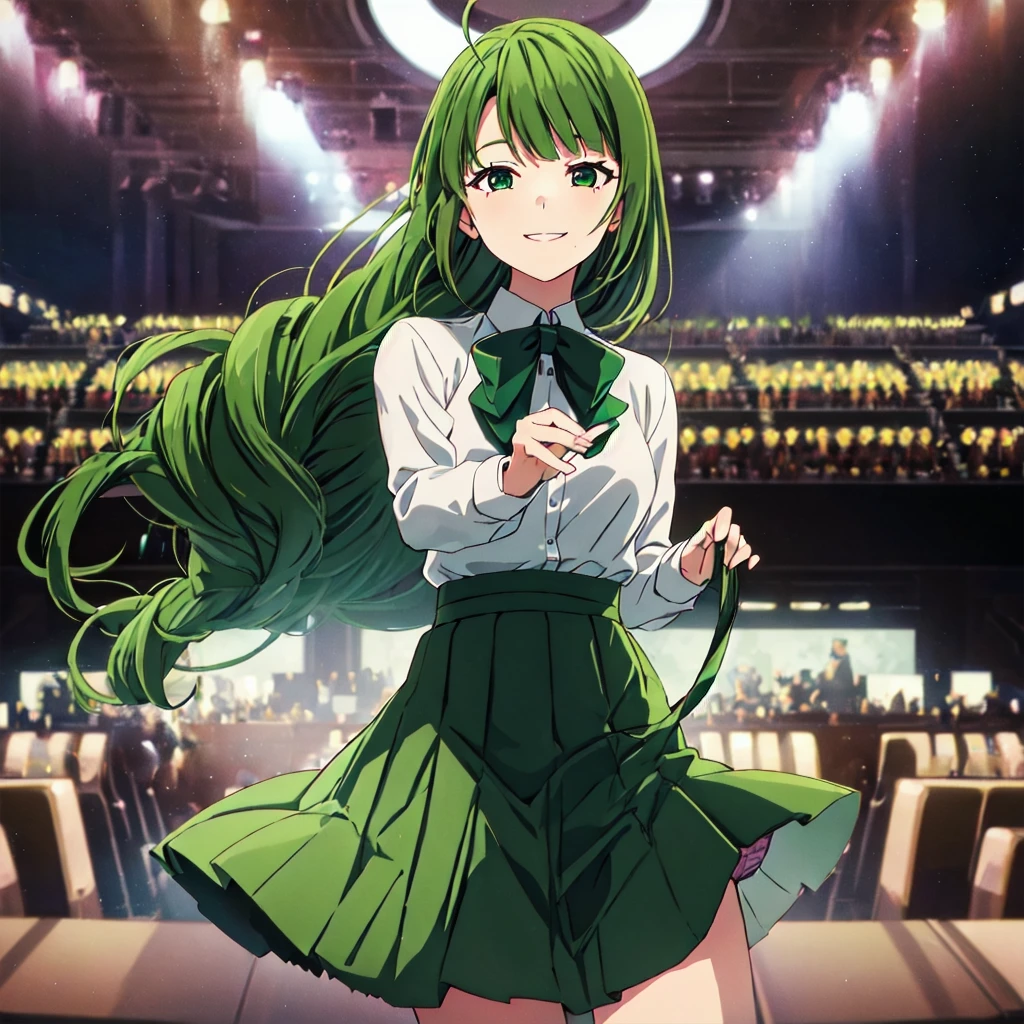 1 girl, Alone, Upper Body, Face-to-face audience, Looking at the audience, smile,Green Hair,Skirt Lift,panties