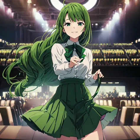 1 girl, alone, upper body, face-to-face audience, looking at the audience, smile,green hair,skirt lift,panties