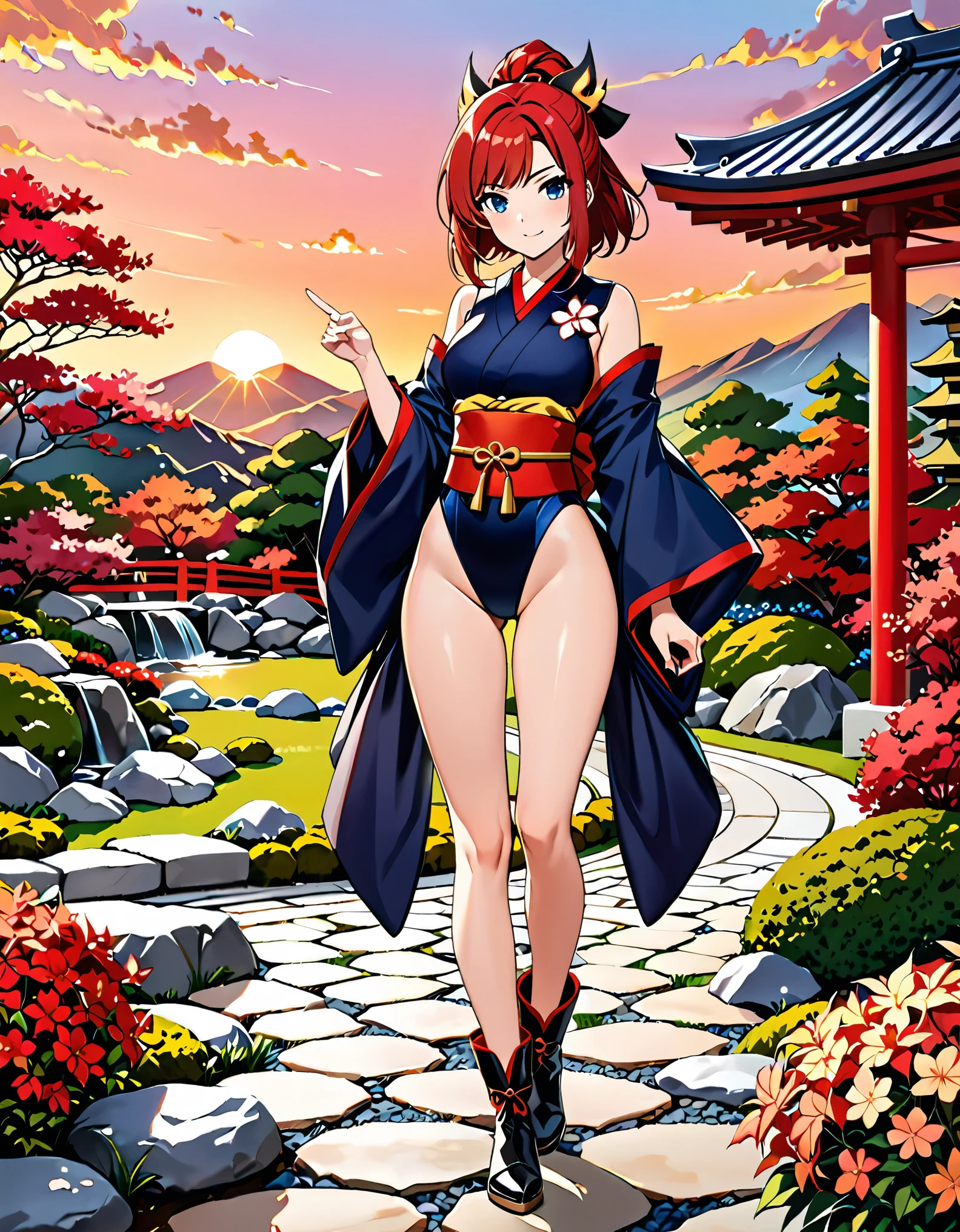 (masterpiece), (best quality), (high res), highly detailed, professional, 1woman, solo, solo focus, adult, cute and attractive woman, kunoichi, leotard, bare legs, ankle boots, red hair, dark blue eyes, right hand pointing finger, flames emerging from finger, Japanese Garden backdrop, sunset, cowboy shot, full body with costume.