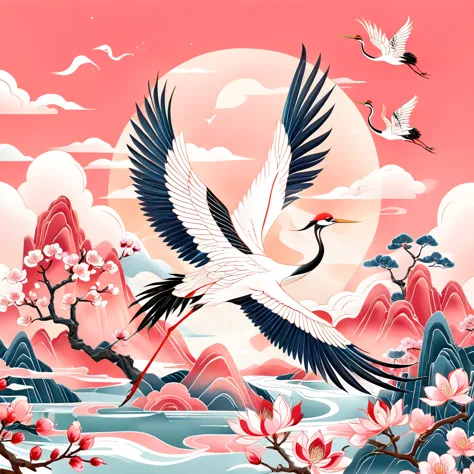 (golden section composition), (golden ratio), mountain, river, tree, peach blossom, spring, in the distance, a red-crowned crane...