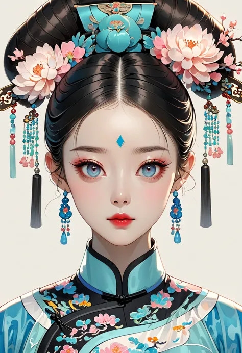 fine brushwork，2d，colored pencils，beautiful digital art，clear lines，beautiful chinese qing dynasty princess，bright eyes，exquisit...