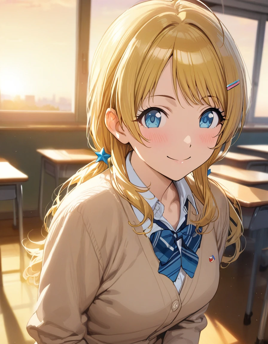 (masterpiece),(Highest quality),(Very detailed),(Best illustrations),(Best Shadow),(Absurd),(Detailed Background),(so beautiful), 
Official Style,

Meguru Hachimiya, blonde hair, long hair, blue eyes,

the idolmaster shiny colors,
low twintail,
chest,
blush,
smile,

school uniform, Cardigan,

alone,
Japan,
classroom,
evening,
Sunset,
Background Blur, 
focus on face,
realistic skin,