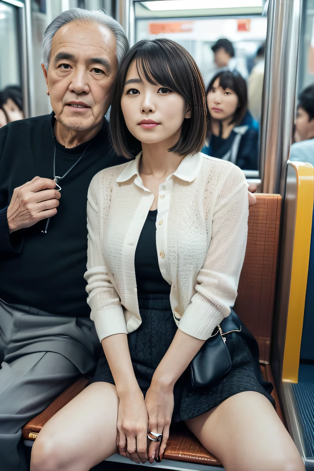 (((Photo of a beautiful Japanese woman and her grandfather:1.4))),(((apply to body:1.4))),Expressionless、8K Photo,((Viewer discretion advised)),(((An older Japanese man sitting next to a woman is touching her thigh:1.4))), ((from the front), (((Spread your legs))), (Very short hair), Beautiful Japanese office lady, Plain Shirt, Open chest shirt, ((mini skirt)), ((Sitting on a moquette-covered bench in a Japanese commuter train)), A woman riding on JR East&#39;s E235 series train, ((Tokyo train bench)), (Close your eyes), ((Sleep soundly))), ((weak))), ((Sleep)), ((Dozing off)), ((Delicate painting) ), (Detailed raw photo of the girl), (Best Quality: 1.6), ((Ultra-high resolution) ((Genuine)), 8K resolution, Canon EOS R5, 50mm, Absurd, Advanced Details, Cinematic Lighting, ((Skirt gap)), ((defenseless)), (cute printed panties), Please be careful when viewing: 0.2, ((night)), White bra, 10pm,