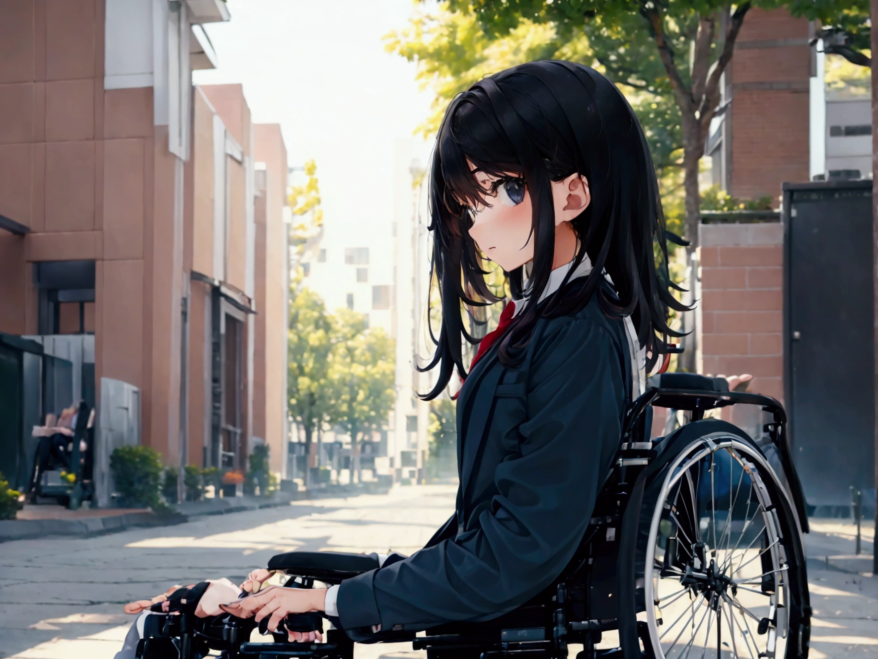 Best Quality, masterpiece, High resolution, One Girl　high school student　High School Uniform　Black Hair　Long Hair　(wheelchair)　Sitting in a chair　Park Street　Sunny Day