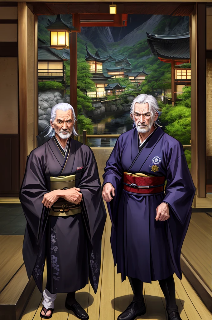 Highest quality，Best Quality，４K ，Alone，Perfect Head，（Full body shot including the top of the head），（Mt. Umihara），Oishinbo characters，Wearing a black jinbaori over a purple kimono，Long black hair with some graying，Gentlemanly old man，Wrinkled old man，Glaring Eyes，smug face，（Japanese restaurant_background）