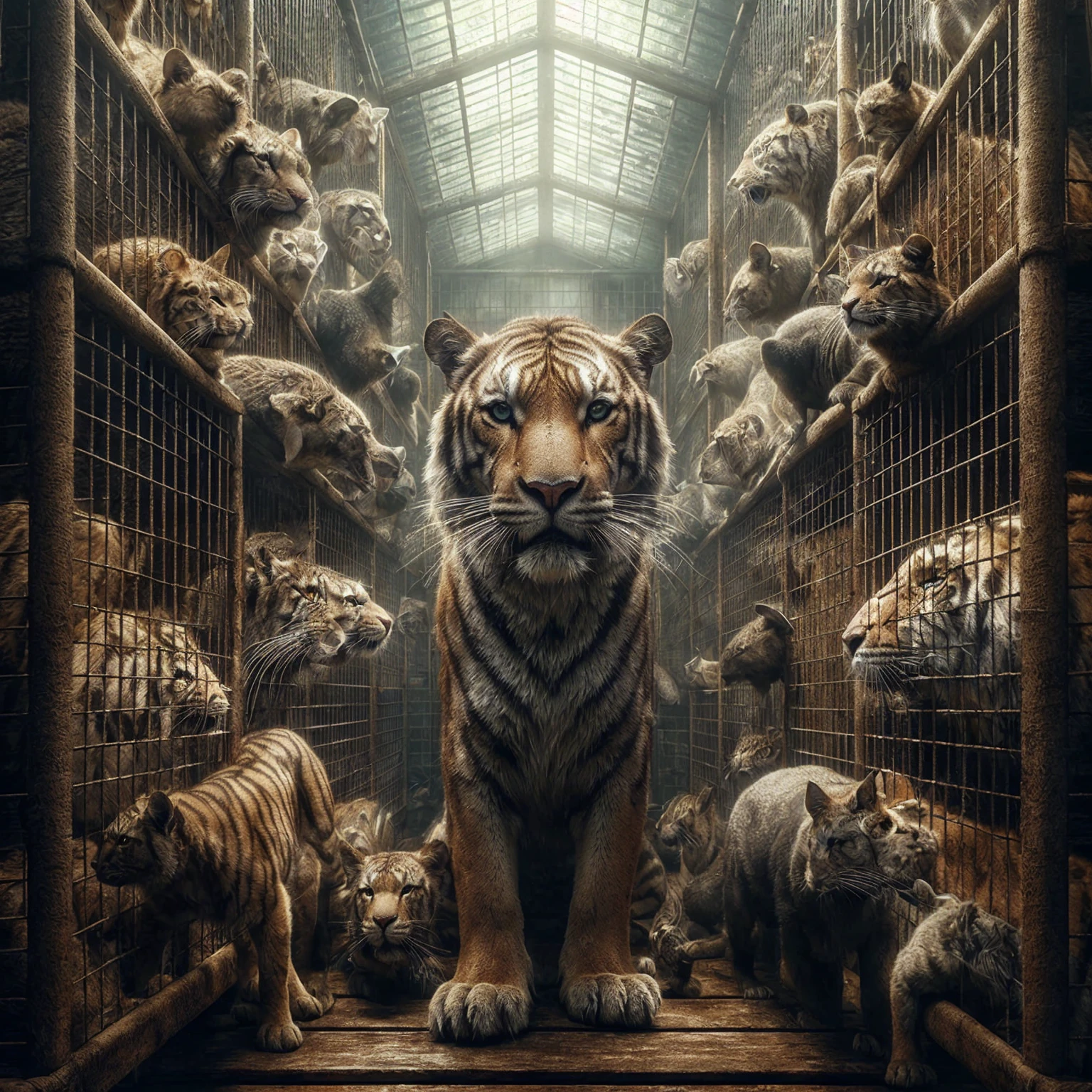 Full image animals in cages. Photorealism, full view, highly detailed image, very realistic, Ultra HD, 8k, Unreal Engine 5, sharp focus, intricate and mysterious masterpiece. (Long Exposure Photography Highly Detailed Close-Up Portrait Art Illustration - Final Quality, Medium Shot, Backlit, Rich and Eye-catching. Enigmatic and Mysterious Manipulations (Rule of Thirds Composition), ((Detailed Environment with Strong Lines) Best Quality, In-Camera, White Light, Warm and Clean Aesthetics, Dazzling Display Composed of Millions of Brilliant Ultraviolet Rays, HDR