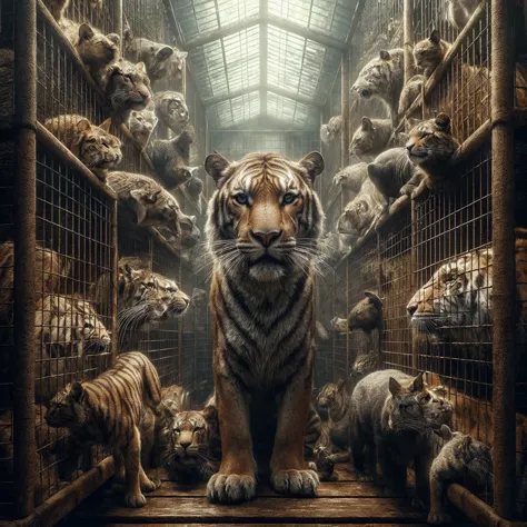 full image animals in cages. photorealism, full view, highly detailed image, very realistic, ultra hd, 8k, unreal engine 5, shar...