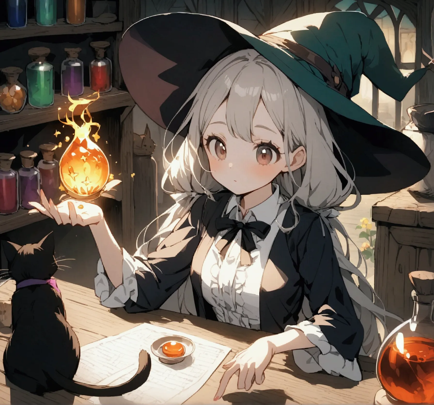 anime girl in witch hat、sitting at a table with a cat, alchemist girl, frivolous anime witch casting a spell, put a spell on the...