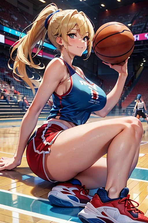 masterpiece,Best Quality,Super high-definition description,Full HD,16k,Super Resolution,Accurate human anatomy,Correct human anatomy,fun,smile,((Daytime,Basketball court)),Playing basketball:1.8,Shooting:1.6,One Woman,Staring straight ahead,((Blonde,ponytail_Long Hair,blueの瞳)),Open your eyes,expensive,Muscular,(((Abnormally large breasts_Breasts overflowing from clothes))),Long legs,(((Tank tops_red,Shorts_red_Basketball shoes_blue))) 30 years old,German,Colours of the 90s,Side view,Dynamic Angle,funシーン.