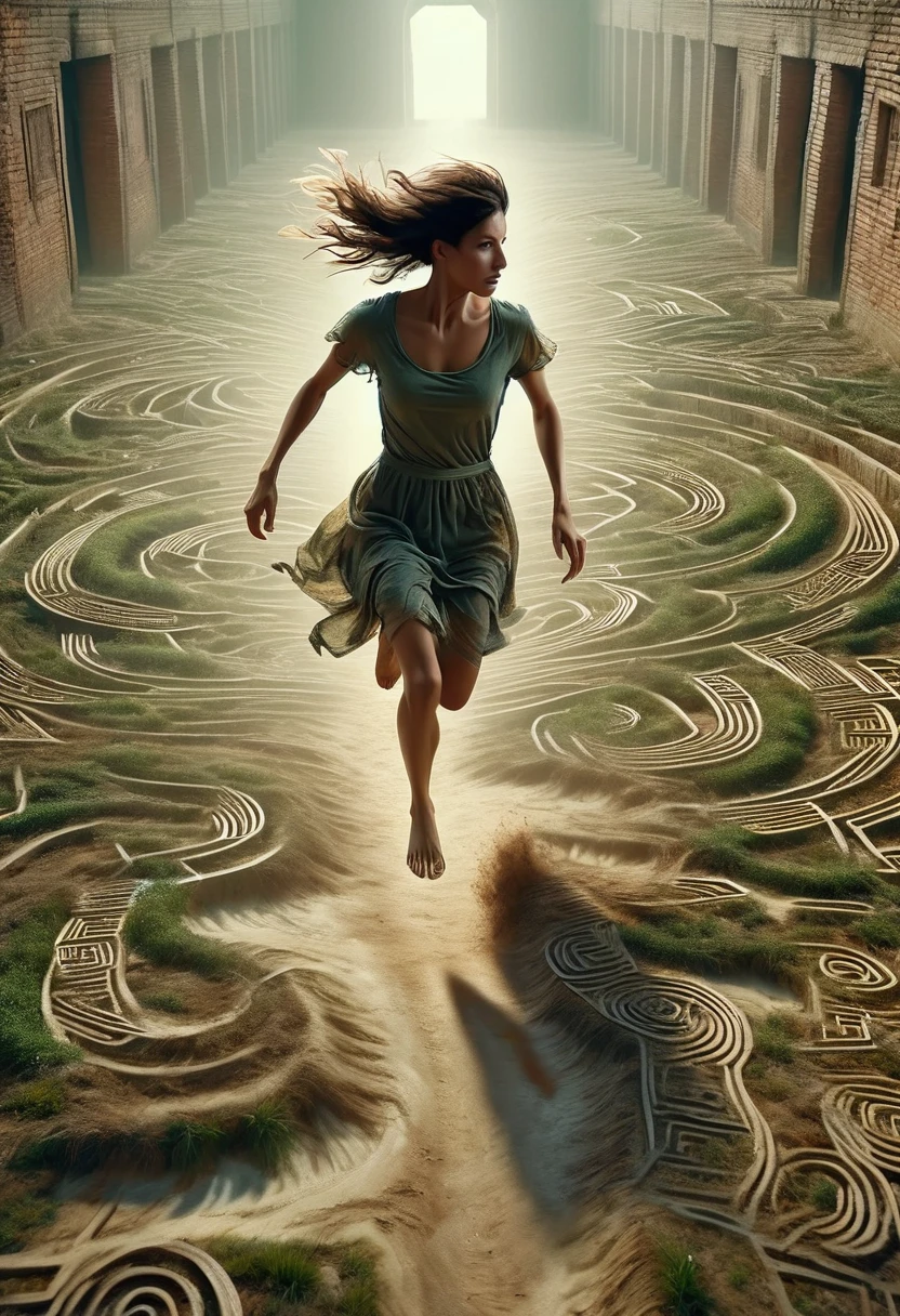 a lost maze, seen from above, a woman running in rags and barefoot dirty, film, realistic photography, first angle the barefoot, comes up showing her running with appearance of being fleeing something entering the labyrinth, has been rising showing the magnitude of the maze and its bizarre surreal size and disproportionate: super detalhado: super realista: super qualidade. labirinto alto, dificil acesso.