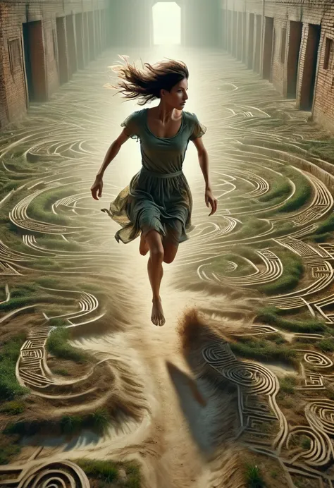 a lost maze, seen from above, a woman running in rags and barefoot dirty, film, realistic photography, first angle the barefoot,...