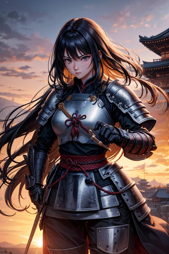 Armored１People Women, sad, Old Japanese samurai clothing, Wearing light armor, Tight waist, Black Hair, Long Hair, black eye, Five fingers, An old Japanese castle in the background, big hair, cinematic lighting, cowboy shot, anime, UHD, retina, masterpiece, accurate, anatomically correct, textured skin, super detail, high details, high quality, award winning, best quality, highres