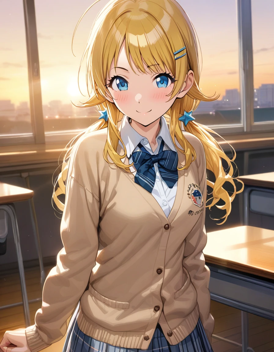 (masterpiece),(Highest quality),(Very detailed),(Best illustrations),(Best Shadow),(Absurd),(Detailed Background),(so beautiful), 
Official Style,

Meguru Hachimiya, blonde hair, long hair, blue eyes,

the idolmaster shiny colors,
low twintail,
chest,
blush,
smile,

school uniform, Cardigan,

alone,
Japan,
classroom,
evening,
Sunset,
Background Blur, 
focus on face,
realistic skin,
cowboy shot,