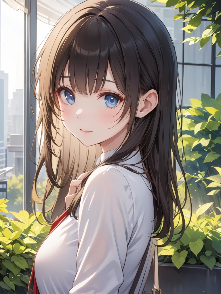 Masterpiece, 8k, Highest quality, Depth of subject, Beautiful high school girl, A gentle gaze, Relaxed atmosphere, Your face is so cute, Emotional expressions, Japanese cityscape, Back Alley, stroll, Beautiful, detailed depiction, Soft sunlight, good morning