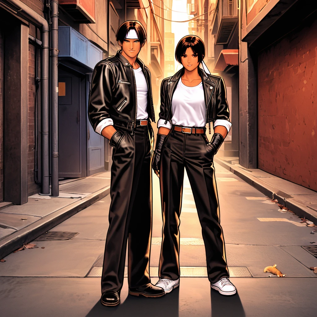 ((black leather jacket with rolled-up arms)), fingerless gloves, white T-shirt, ((white headband)), long black pants, white shoes, girl wearing brown belt petting gray cat, dark hair, short cut, red eyes, dark skin, alley, sunset, urban city