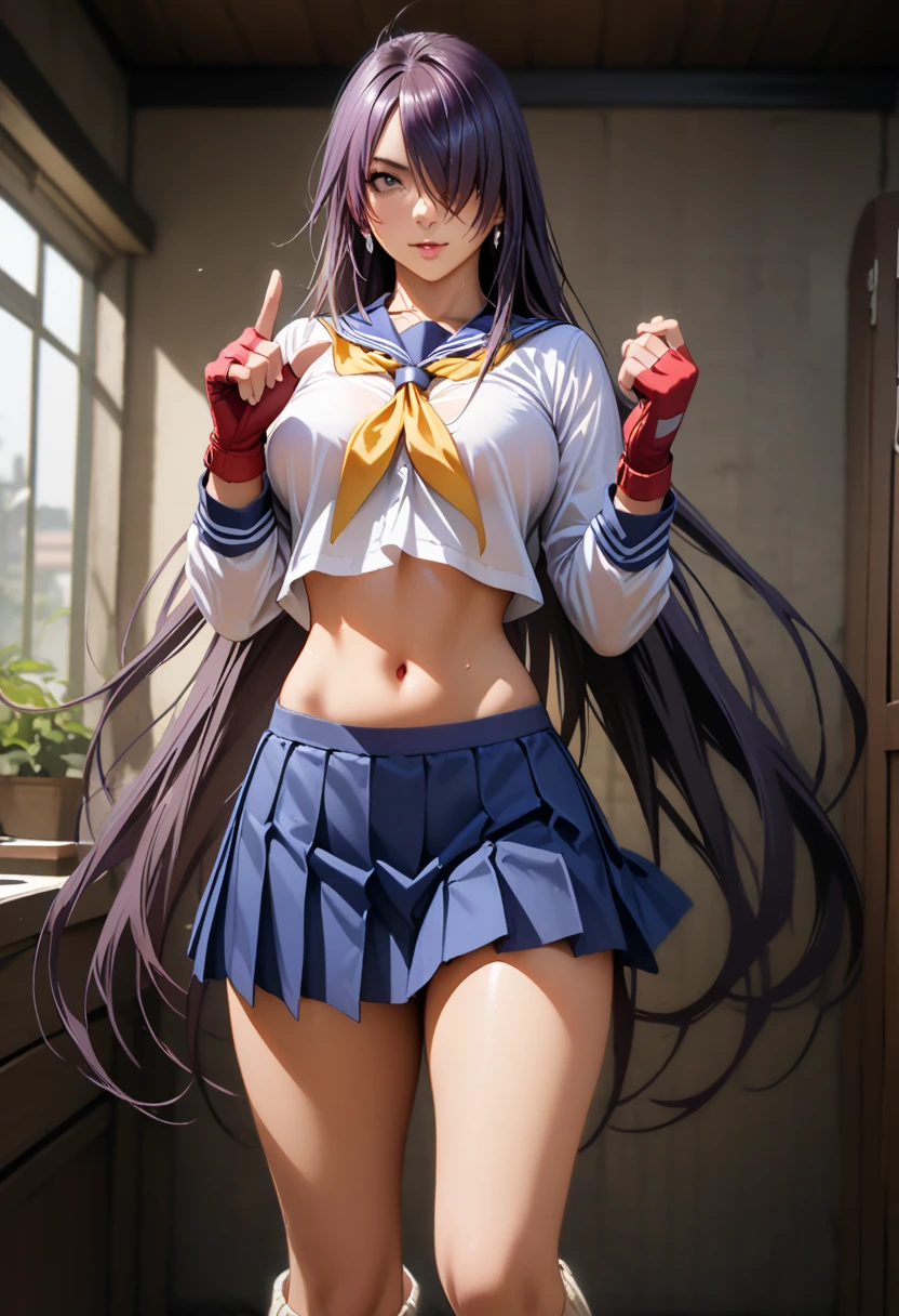 kanu,dark purple hair, hair over one eye, very long hair,school uniform,ultra miniskirt,red fingerless gloves, midriff,navel, loose socks, pleated skirt, yellow neckerchief, earrings, loafers,large breasts,perfect hands, perfect finger,perfect anatomy, masterpiece, best quality,realistic, hyperrealistic, 16k hdr,(1 muscular girl:1.2),outdoor,high school,(fighting pose,dynamic pose:1.2),dynamic angle,strong wind,upper body,serious,from below,wet shirt,no bra,rainy day