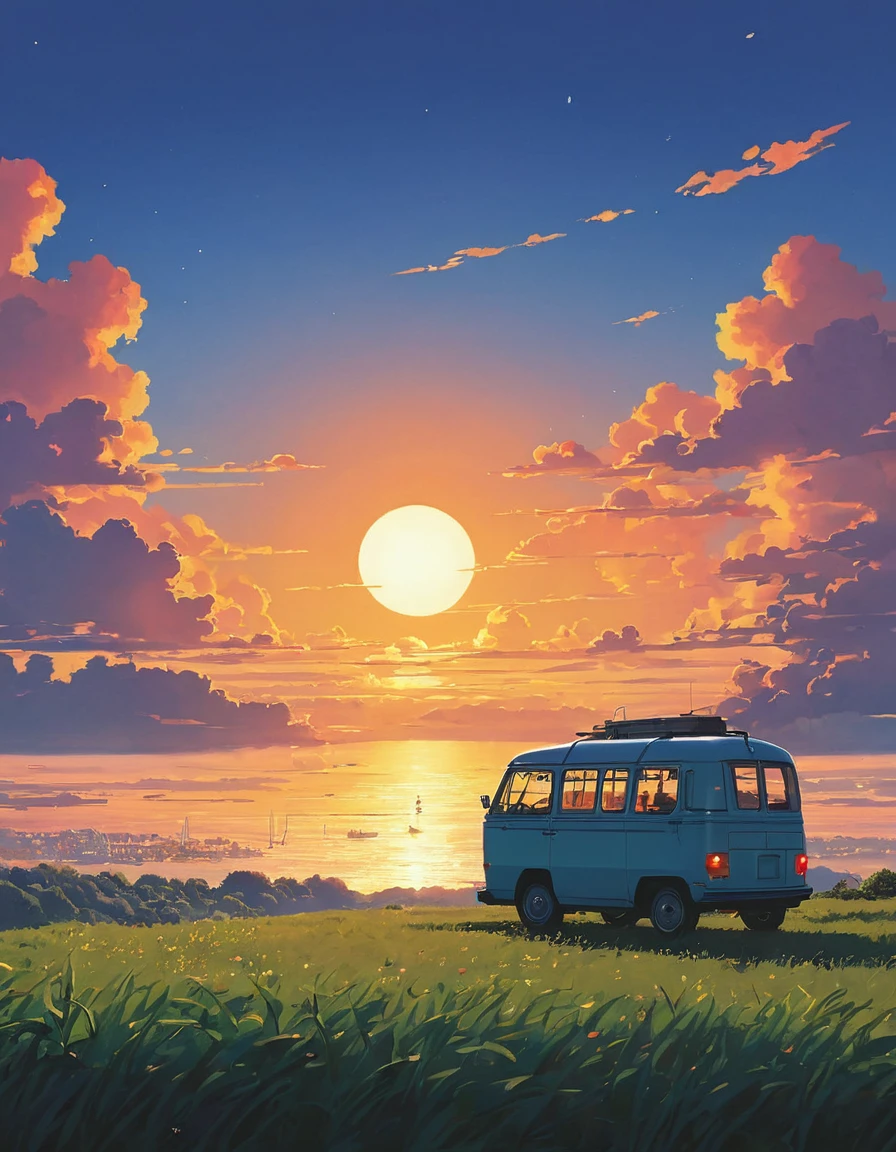 (Minimalism:1.4), a minibus camping sunset clouds , studio ghibli art, miyazaki,