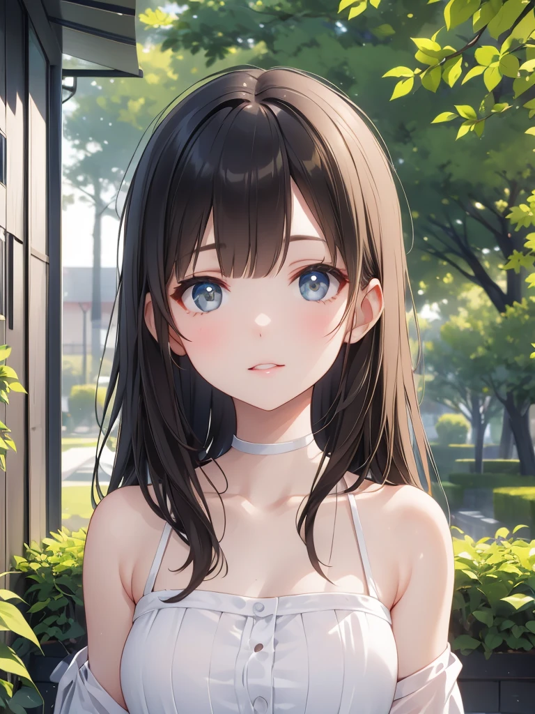 Masterpiece, 8k, Highest quality, Depth of subject, Beautiful high school girl, A gentle gaze, Relaxed atmosphere, Your face is so cute, Emotional expressions, Japanese cityscape, Back Alley, stroll, Beautiful, detailed depiction, Soft sunlight, good morning