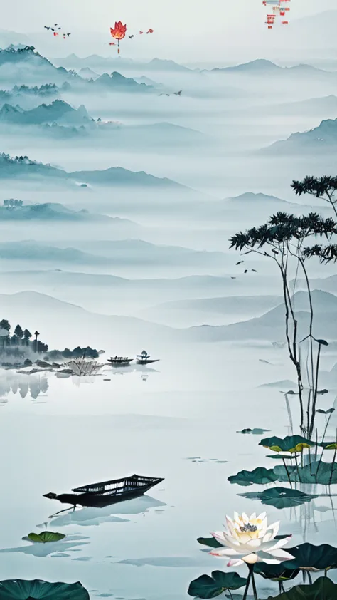 chinese ink painting，yunnan puzhehei scenery，there are lotus flowers and boats in the lake，a boatman stands on the boat