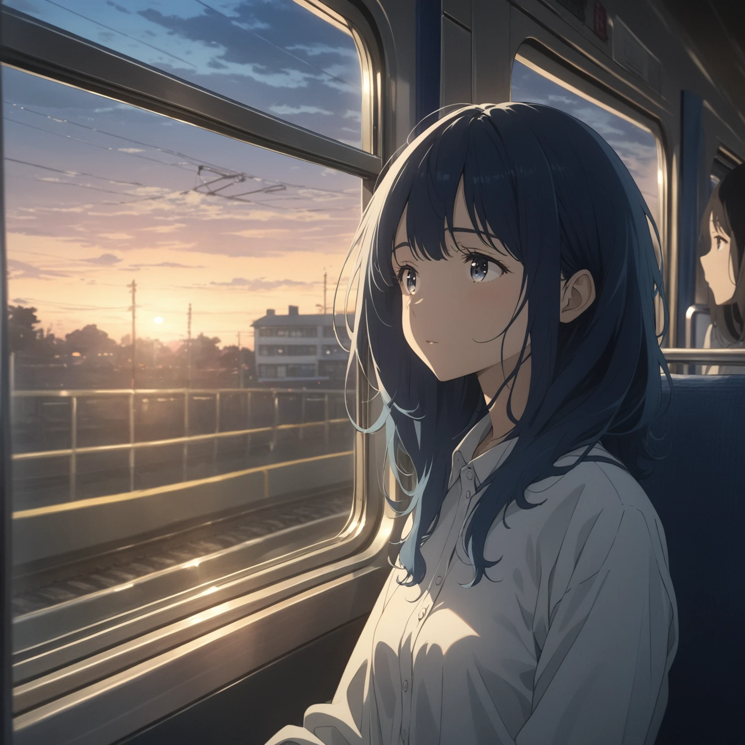 Blue Hair, girl, university student、Casual clothing, Small breasts, View from the train window, dusk, Distant eyes, Nostalgia