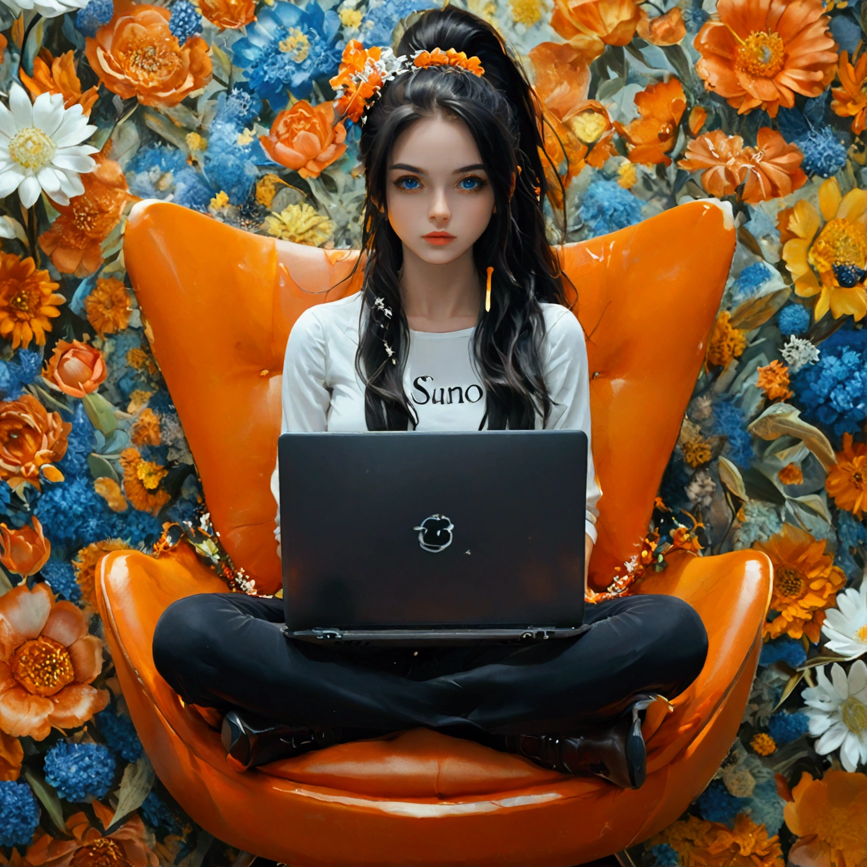 (masterpiece)), ((best quality)), 8k, high detailed, ultra-detailed, an animated image of a woman sitting on an orange chair, legs crossed, long black hair in a ponytail with a bow at the top, blue eyes, wearing a white shirt with black lettering "Suno", black pants with a white stripe down the side, a white flower in her hair, a black laptop placed on the right side, woman sitting, (orange chair), (white flower in hair), (blue eyes), (white shirt with black text), (black pants with stripe), laptop on the right side