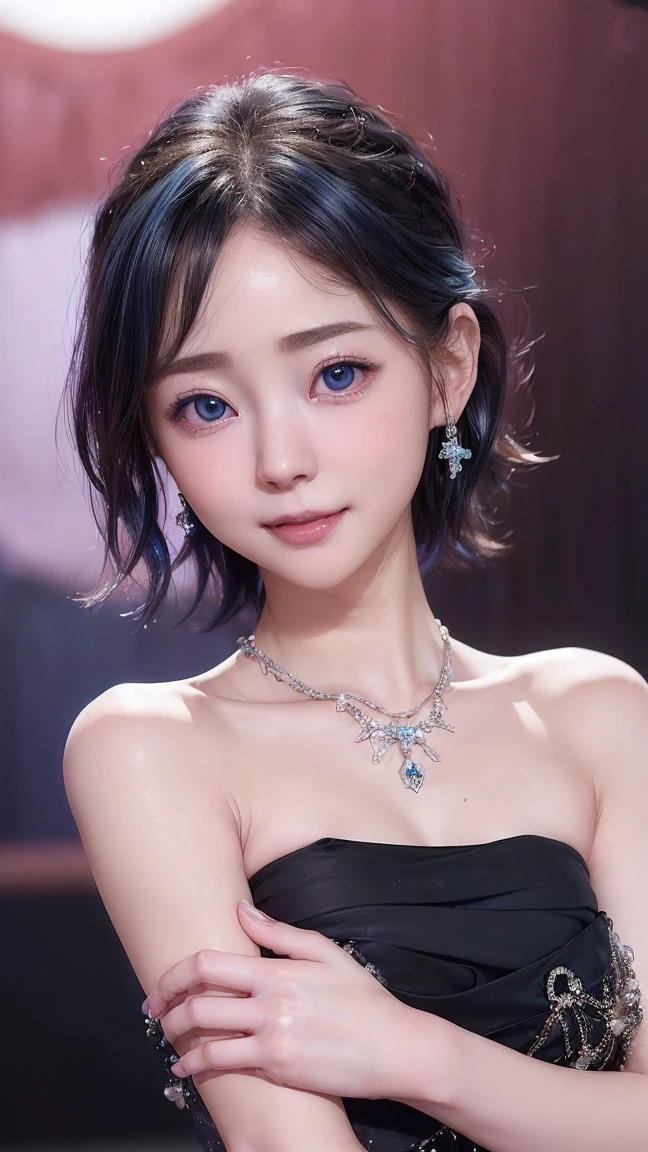 (4K quality:1.3),(Best Quality:1.5),(Whitening:1.4),(Beautiful Skin:1.4),(10th Generation:1.5),(Baby Face:1.5),(Ultimate beauty:1.5),(Arisa Hanyu:1.4),rich,Upper Body,smile,(tits:1.5),(Black strapless bejeweled dress:1.3),(jewelry),(Super Celebrity),(Supermodel),(Tight waist:1.4),(Night viewの良いホテル:1.1),(luxury:1.2),(Arisa Hanyu:1.5),(anorexia:1.4),(Night view:1.3),(Face close-up:1.2),Catchlight,(Child&#39;s face),(smile:1.1),(Light blue hair:1.3),(Half Up Hair:1.3),(Bright Blue Eyes:1.4),(2D cuteness:1.5),(Cute Makeup),Beautiful fingertips,(Transparent white skin),(albino),(Light hits the subject:1.3),Best Shot