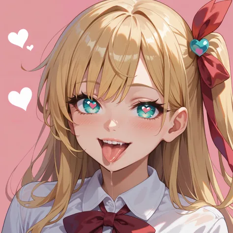 1girl, aqua eyes, blonde hair, blush, eyelashes, hair ornament, heart, heart-shaped pupils, heart background, heart hair ornament, long hair, looking at viewer, one side up, open mouth, pink background, portrait, red ribbon, ribbon, saliva, shirt, sidelocks, smile, solo, symbol-shaped pupils, teeth, tongue, tongue out, upper teeth only