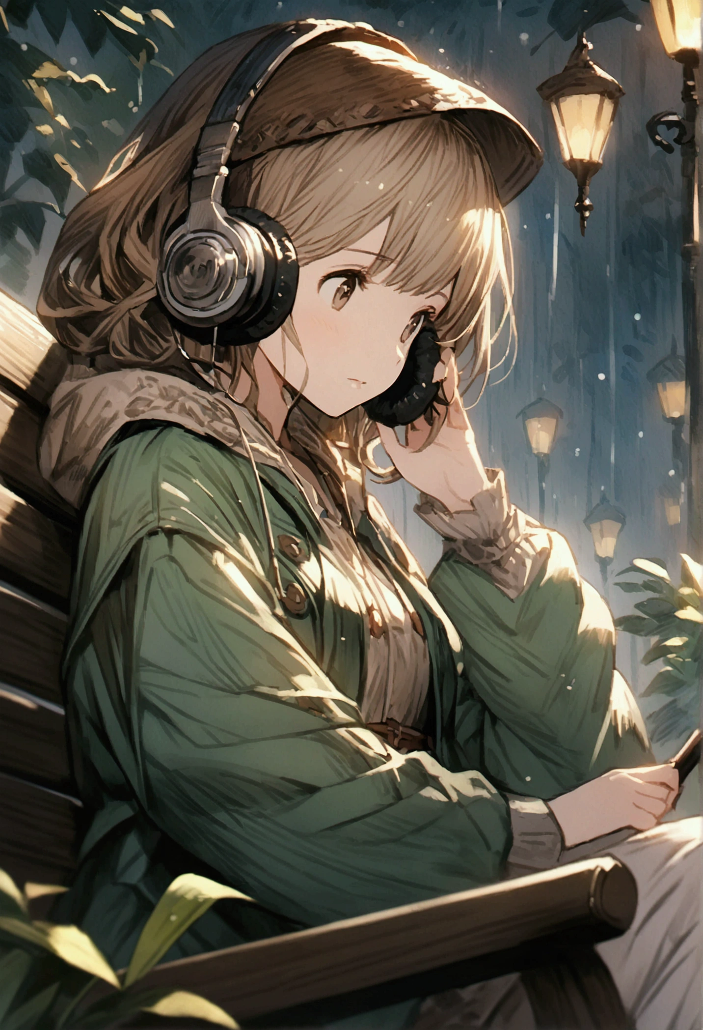 Girl Holding an Umbrella、In the forest、Sitting on a bench、Super cute、It&#39;s raining outside、Night Scenery、anime、Granblue Fantasy、Very beautiful image quality、listening to music on headphones